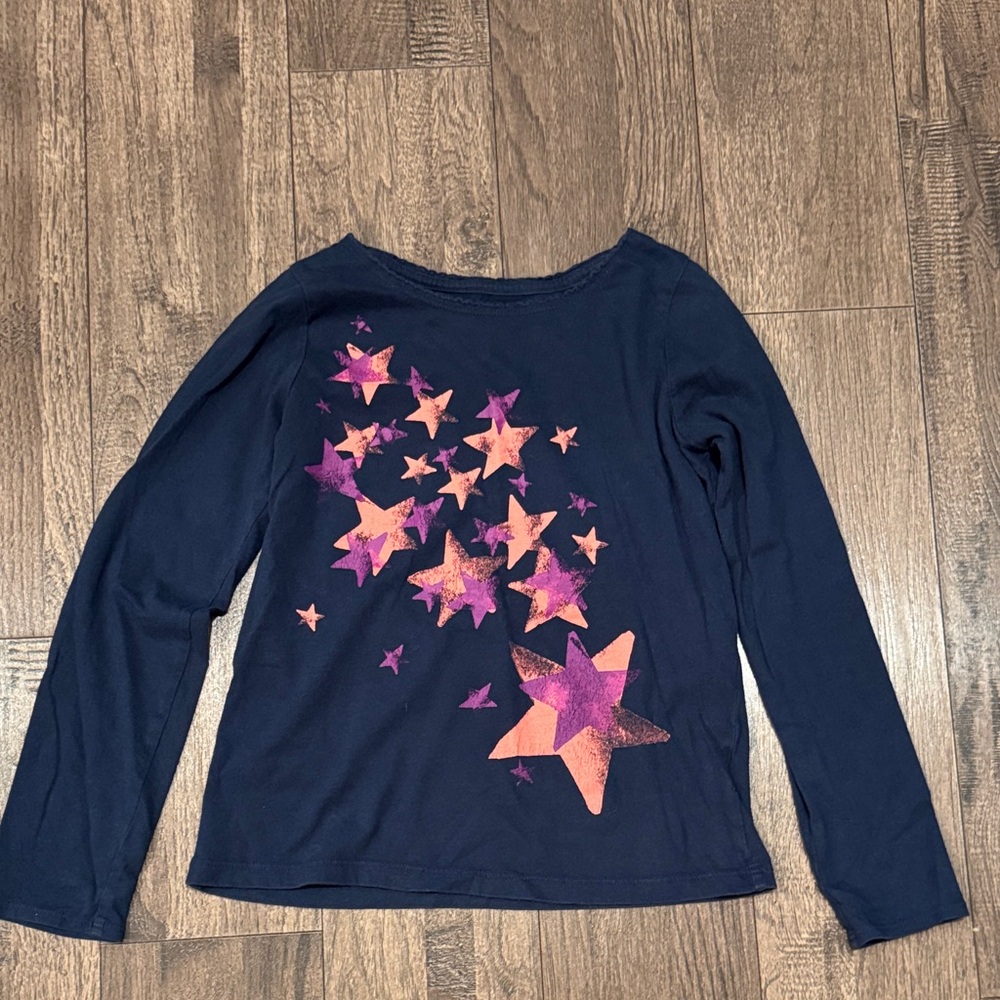 Lands' End Navy and Pink Star Kids Long Sleeve Tee